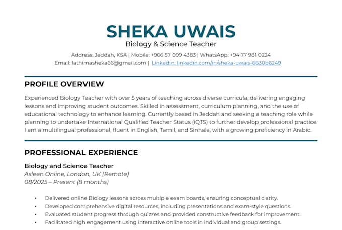 design a professional ats friendly 1 column resume or CV
